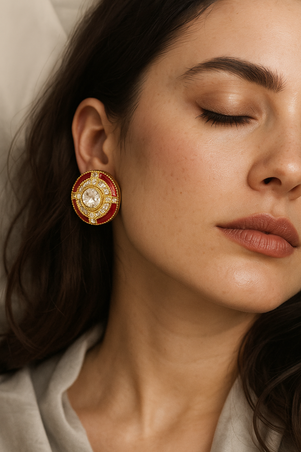 Red Enamel Round Stud Earrings with Diamond Look Center